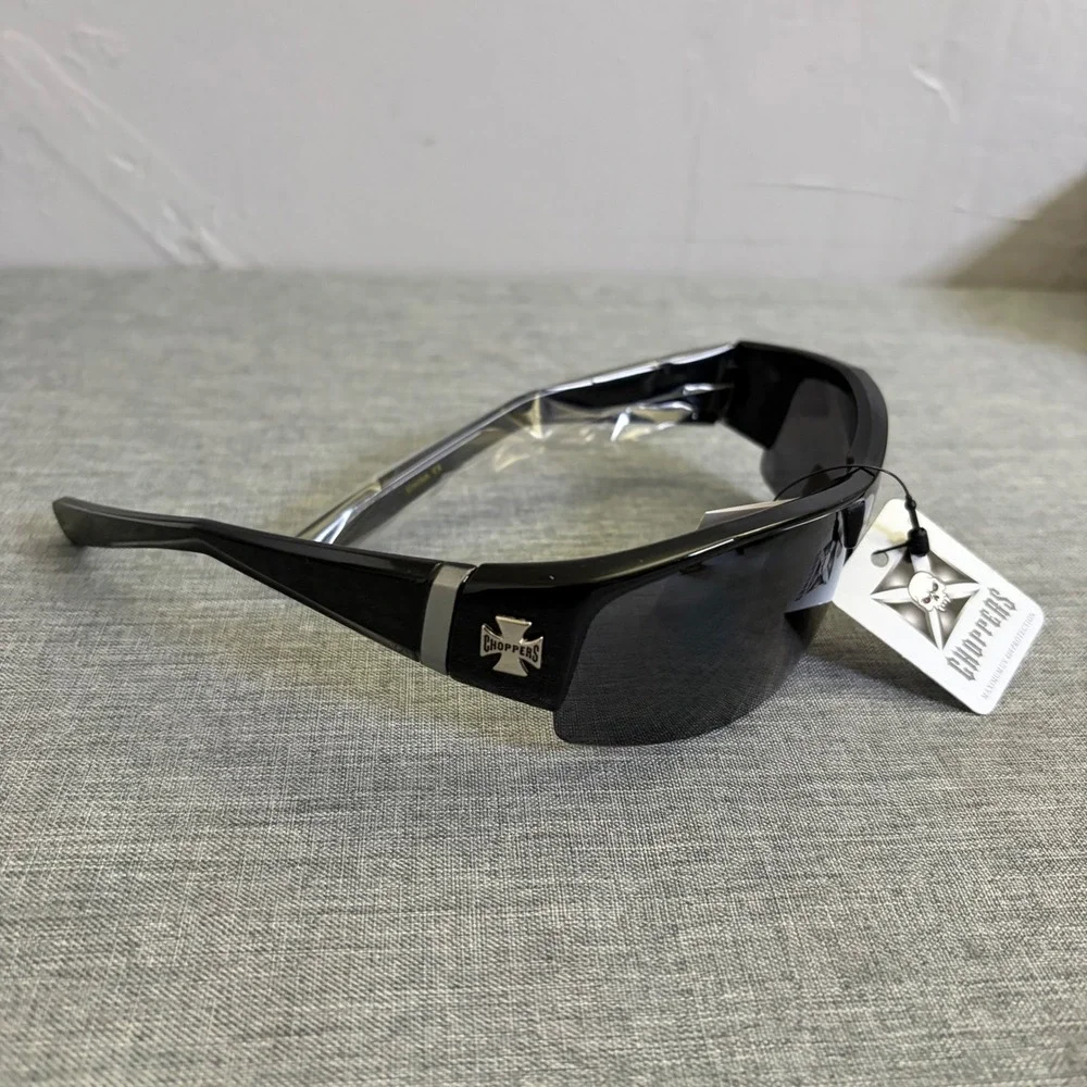 Choppers Sunglasses Mens OS Black Gloss Wrap Biker UV400 Cross Logo 8CP6793